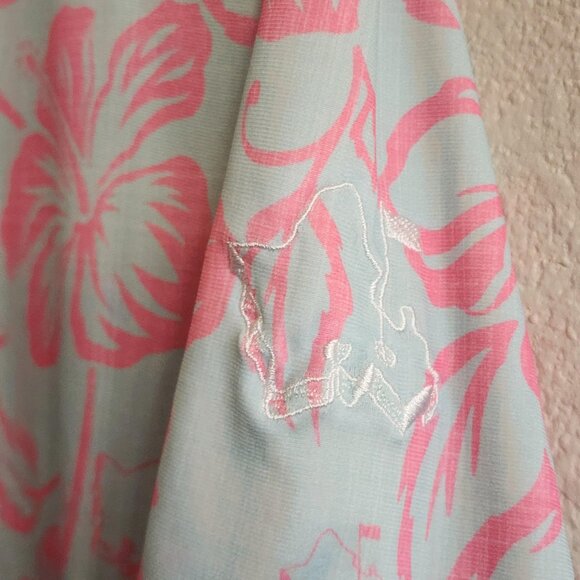 Oahu Golf Polo Shirt Mens XS Blue Pink Hibiscus Floral Performance Golf OGA UV - Picture 3 of 9